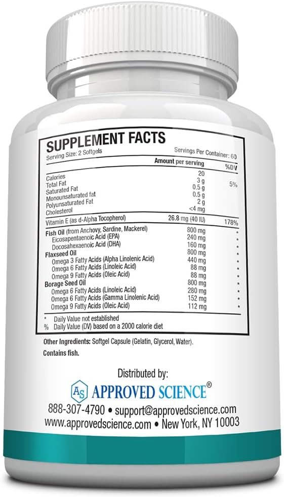 Approved Science Omega 3-6-9-2400mg Daily Blend 120 Softgels 2 Month