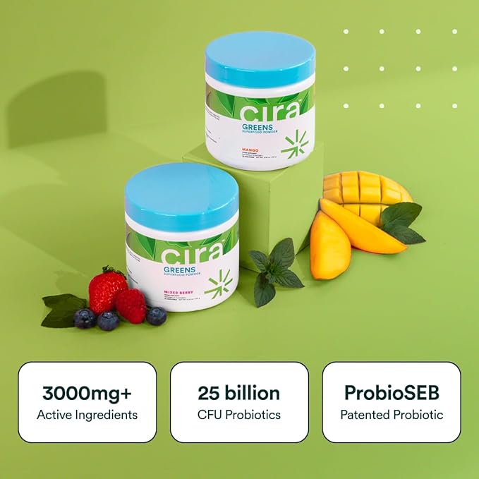 Cira Daily Greens - Naturally Sweetened, Organic Spirulina Superfood Powder with Premium, Antioxidant-Rich Ingredients for Debloating, Digestion, & Energy - Pineapple Coconut, 30 Servings