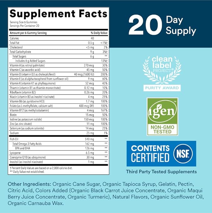 SmartyPants Multivitamin for Men, Gummies: Omega 3 Fish CoQ10, Vitamin D3, C, B12, B6, B6, Vitamin 120 Gummies (20 Day