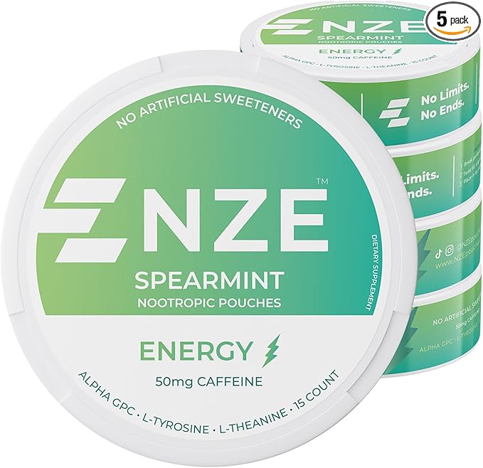 NZE Caffeine Nootropic Pouches (Spearmint) - Nootropic Energy Pouches with 50mg Caffeine, Alpha GPC, L-Tyrosine & L-Theanine with No Sugar or Artificial Sweeteners - 15 Nicotine Free Pouches Per Can