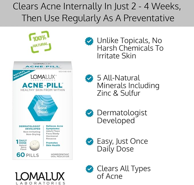 Acne Pill -Natural Skin Clearing Minerals Like Zinc & Sulfur, Dermatologist Developed, Clears & Prevents All Types of Face & Body Acne - NO Harsh Chemicals Like Topical Acne Treatments