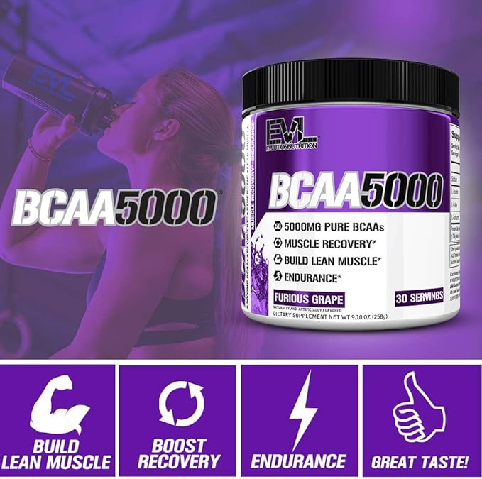 Evlution EVL BCAAs Amino Acids Powder - BCAA Powder Post Workout Recovery Drink and Stim Free Pre Workout Energy Drink Powder - 5g Branched Chain Amino Acids Supplement for Men - Furious Grape