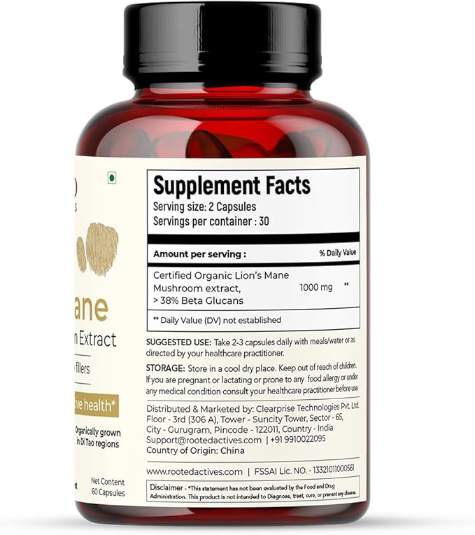 ROOTED Lions Mane Mushroom Extract Capsules (60 Veg 500 mg) 38% Beta