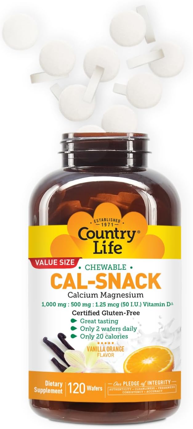 Country Life Cal-Snack - Chewable Calcium Magnesium Supplement wafers with Vitamin D3, Easy to Digest, Vanilla Orange Flavor, Dietary Supplement