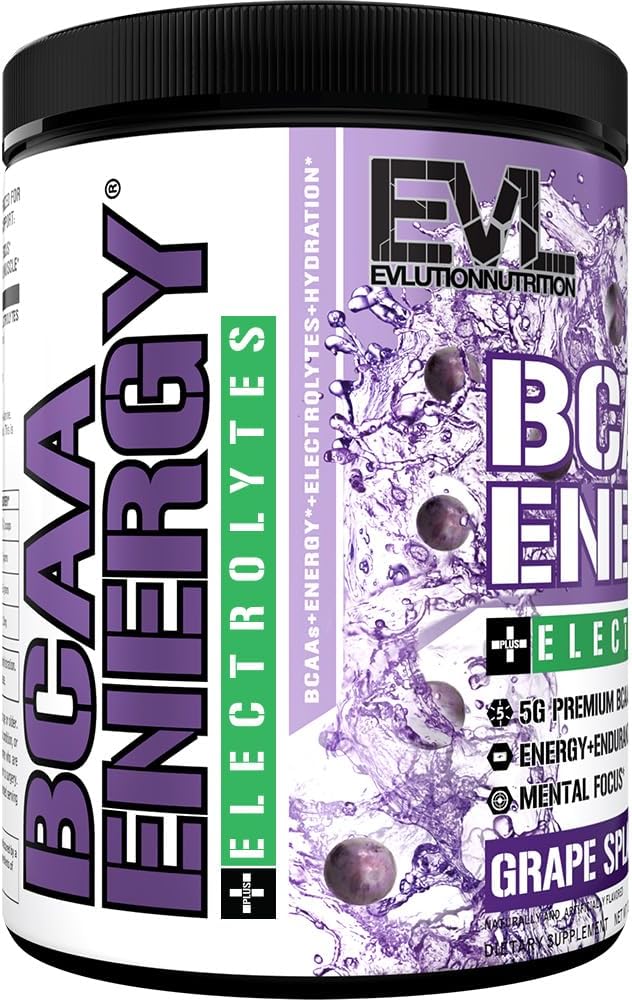 EVL BCAAs Amino Acids Powder - BCAA Energy Pre Workout Powder for Muscle Recovery Lean Growth and Endurance - Rehydrating BCAA Powder Post Workout Recovery Drink with 6 Key Electrolytes - Grape Splash
