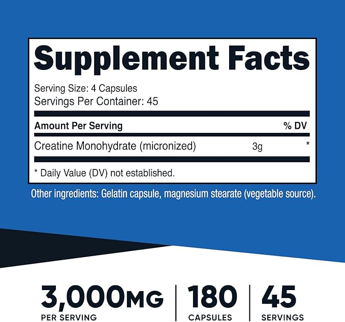 Nutricost Creatine Monohydrate 3,000mg, 180 Capsules (750mg Per Capsule) - Gluten Free, Non-GMO