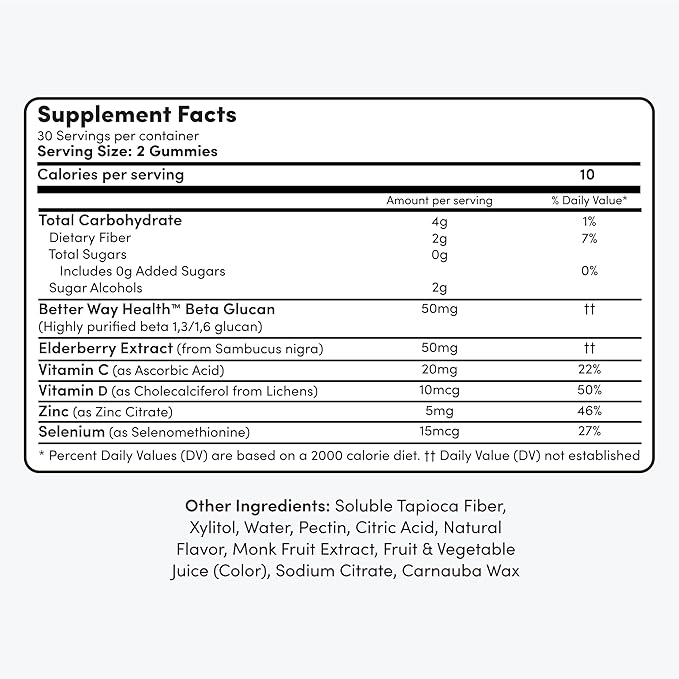 Kids Gummies with Beta Glucan, Elderberry, Vitamin C, D3, Zinc - Non-GMO, Vegan, Sugar Free - Mixed Berry Flavor - 60 Gummies