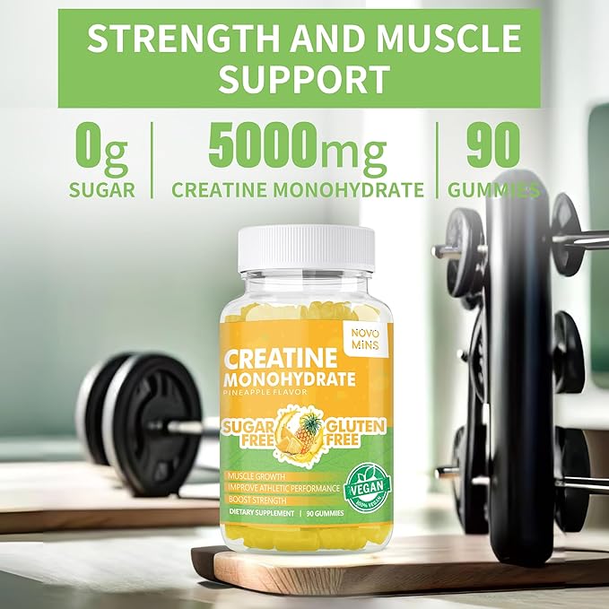 Creatine Monohydrate Gummies 5000mg for Men & Women, Chewables Creatine Monohydrate for Muscle Strength, Muscle Builder, Energy Boost, Pre-Workout Supplement(90 Count)-Pineapple Flavor.