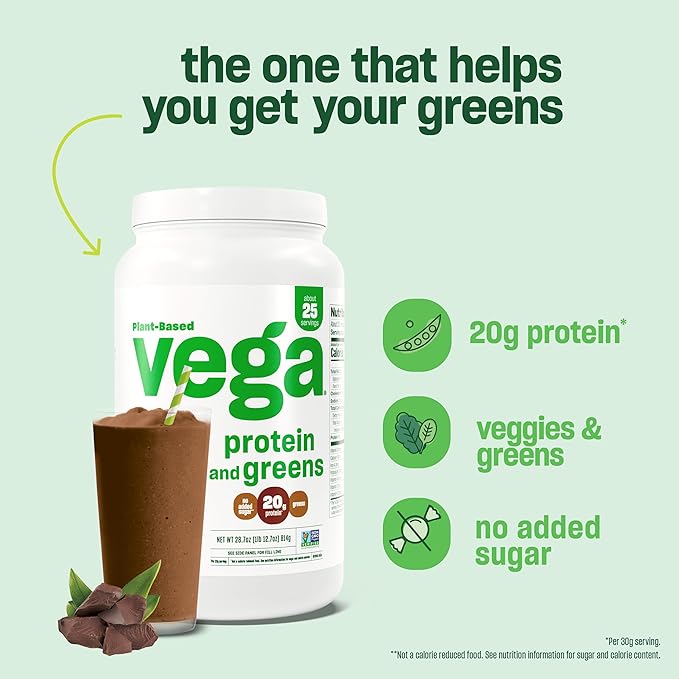 Vega Protein and Greens Protein Powder, Chocolate 20g Plant 1.2 lbs
