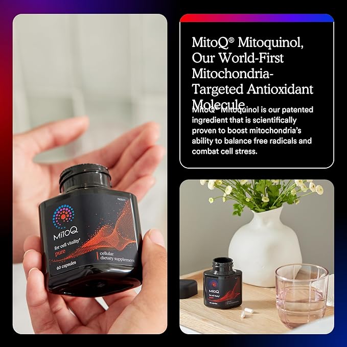 MitoQ Pure Mitochondria-targeted Antioxidant Supplement | Reducing Free Radical Damage & Oxidative Stress | Supports Cellular Longevity, Metabolic Health, Healthier Aging, and Energy (120 Capsules)