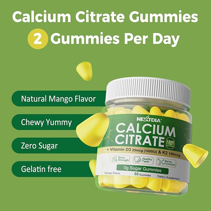 Calcium Citrate Gummies 1200mg with Vitamin D3 K2, Chewable Calcium Supplements for Women & Men, High Potency Support B0ne, Te*th, Strength & Immune Health, Mango Flavor, Non-GMO, Sugar Free, 60 Cts