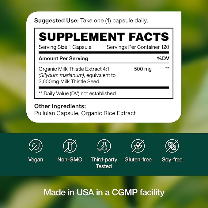 Fresh Nutrition Organic Milk Thistle Supplement 2000mg Potent 4 Month 4:1 - 120 Capsules
