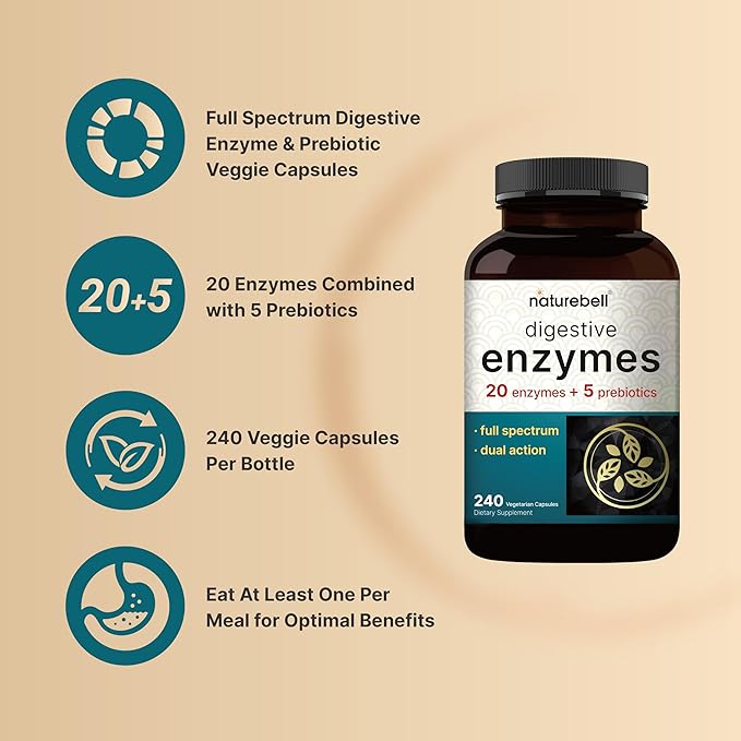 NatureBell Digestive Enzymes with Prebiotics 240 Veggie 20 Enzyme 5 Prebiotic