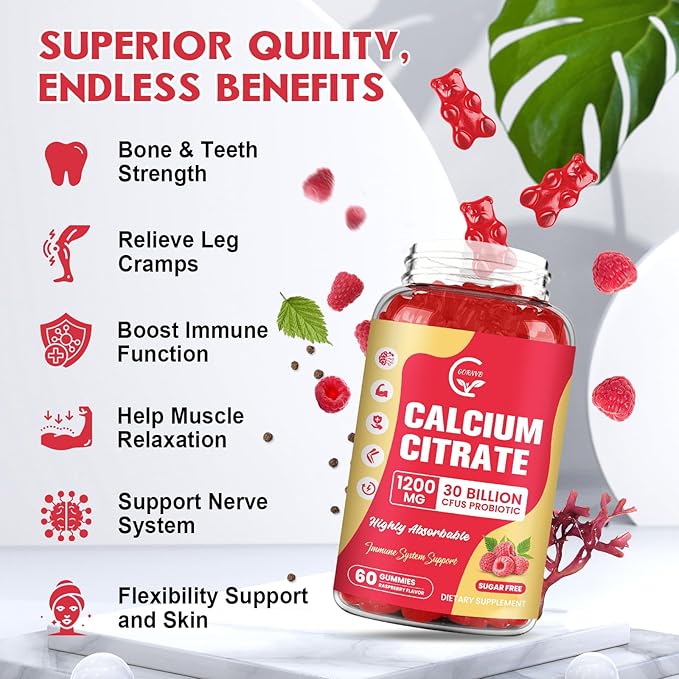 Calcium Citrate Gummies, Calcium 1200 mg with Vitamin d3, K2, Magnesium, Zinc for Bone, Muscle & Immune Support, High Absorption Calcium Supplement for Women & Men, Raspberry Flavor, 60 Chews