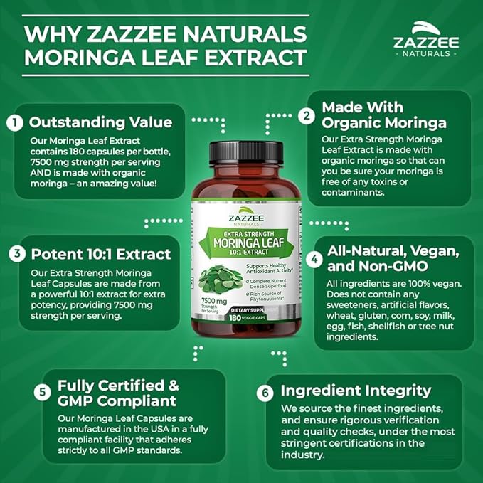 Zazzee Organic Moringa Oleifera Leaf 7500 180 Vegan 10:1 Extract, 100% Pure 10X Leaf