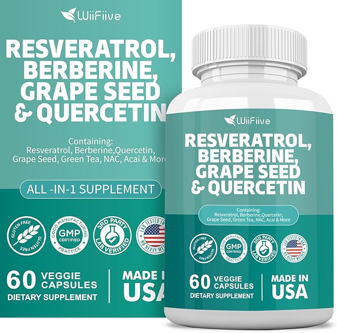 New Resveratrol 6000mg Berberine 3000mg Grape 3000mg Quercetin 4000mg,Polyphenol Supplement 60 Capsules