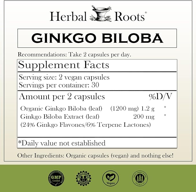 Herbal Roots Ginkgo Biloba Made 1,400mg per 60 Vegan