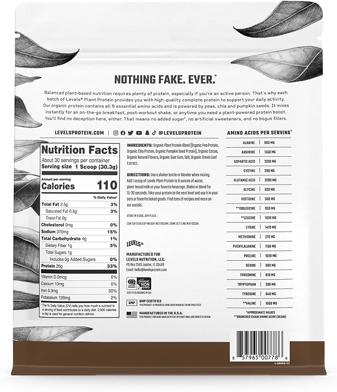 Levels Organic Plant Protein, 20G of 2LB