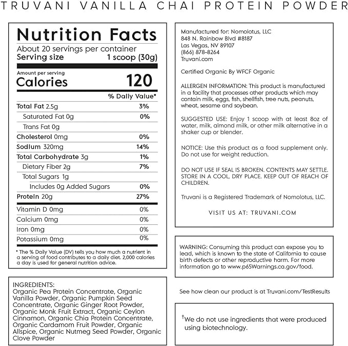 Truvani Vegan Pea Protein Powder 20g Organic 20 Servings