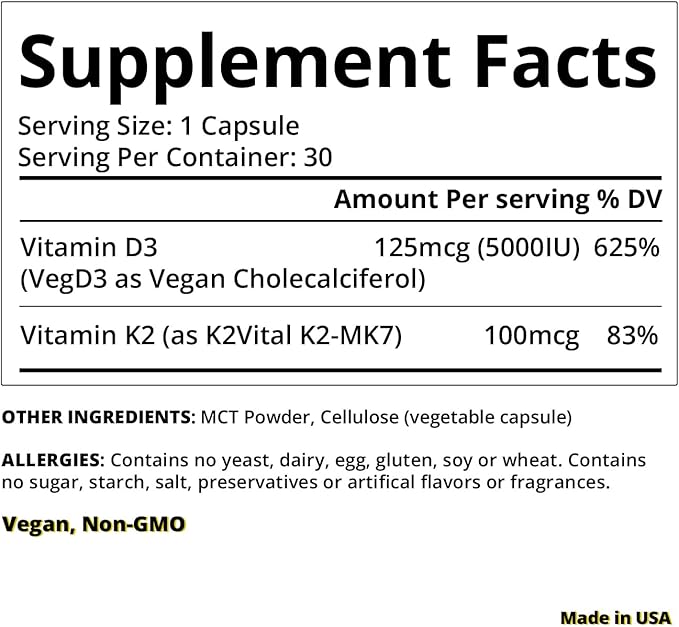 Vitamin D3 K2 with MCT, 5000 D3 & 100 mcg MK7 K2, K2, Support 30 Capsules (30 Days