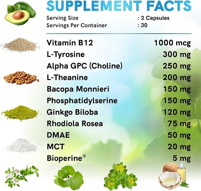 11-in-1 Nootropic Brain Supplements: Memory & Focus Supplement with Ginkgo Biloba, L Theanine, Bioperine, & Alpha GPC Choline - 1321mg, 60ct - Stimulant Free, Vegan - Focus Brain Support (2 pack)