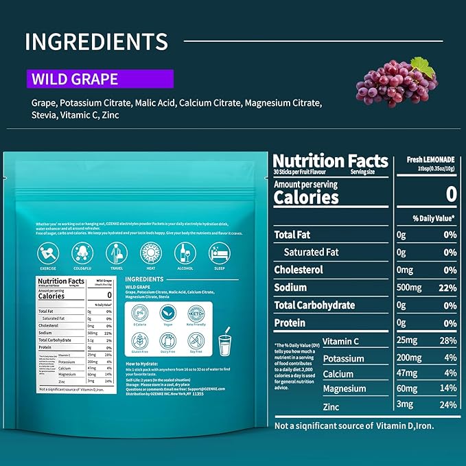 Electrolytes Powder Packets, 30 Sticks Hydration 0 Sugar 0 Calorie,