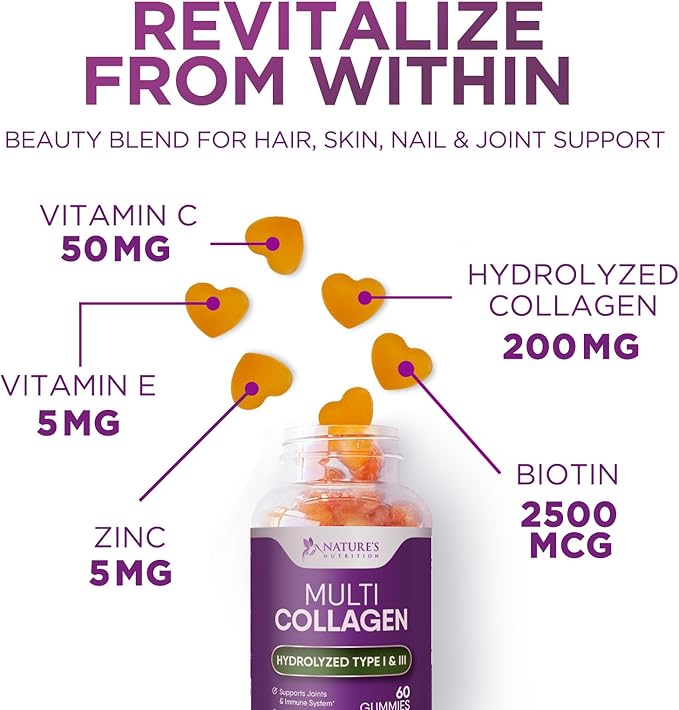 Collagen Gummies with 2500mcg Biotin, Vitamin 1 & 3 Collagen 60 Count