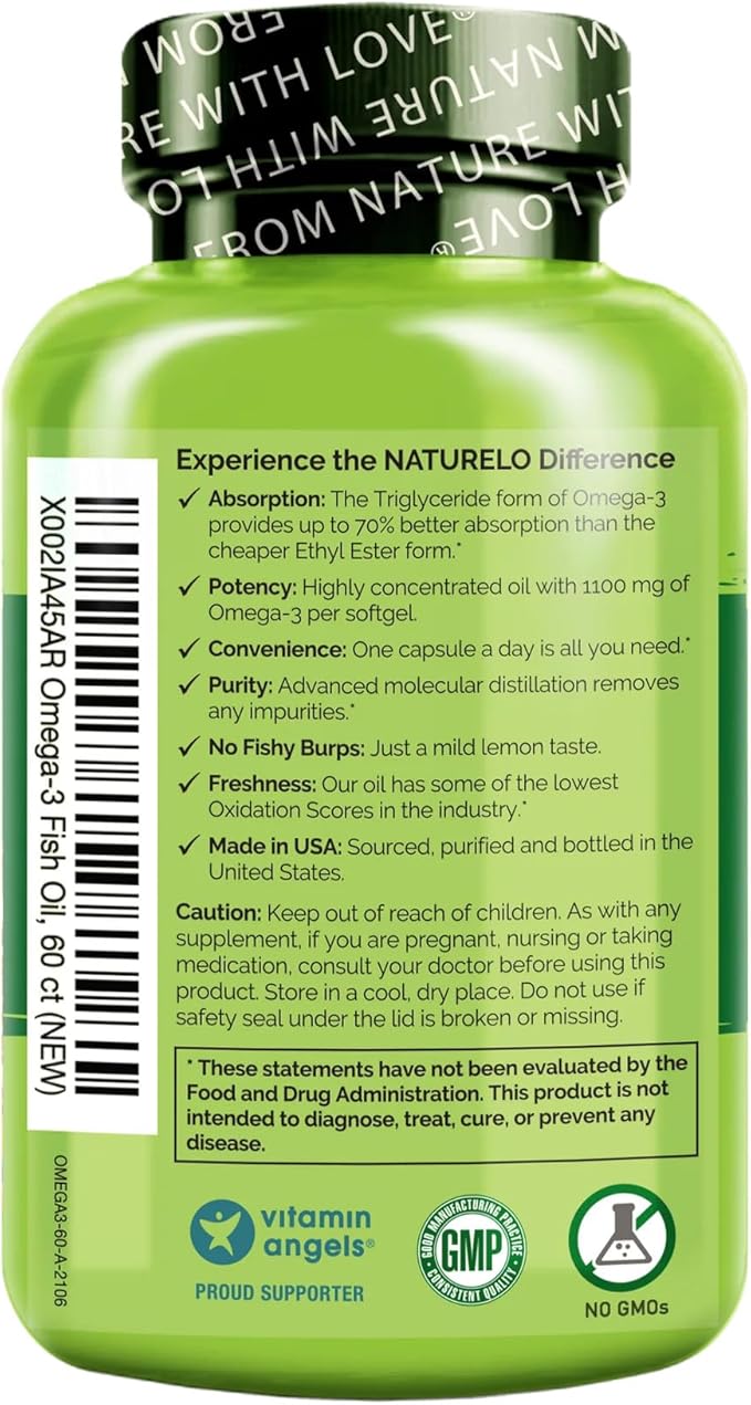 NATURELO Burpless Omega 3 Fish Oil Supplement 1100mg Triglyceride Omega-3, EPA 3 for 60 Softgels, 2 Months