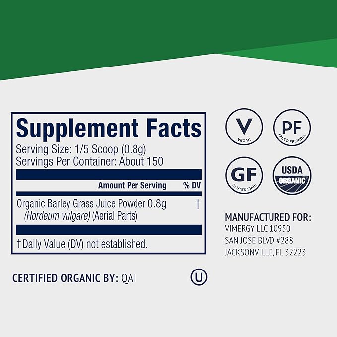 Vimergy Barley Grass Juice Powder – Clean Superfood Formula – Promotes Cardiovascular Health* – Organic, Vegan & Gluten-Free – Trial Size 125g