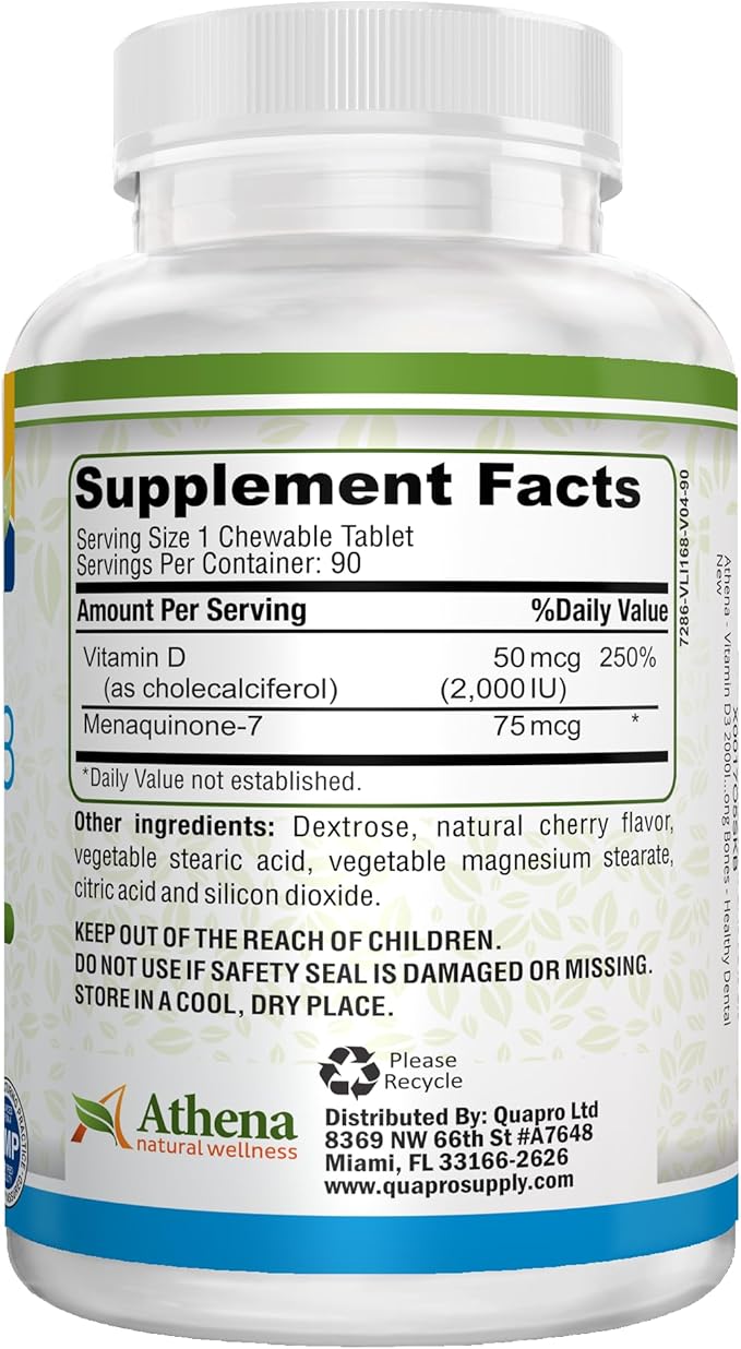 Athena - Vitamin D3 2000IU with K2 (MK7) - 90 Chewable Tablets - Supports Immune System - Muscle Energy - Strong Bones - Healthy Dental