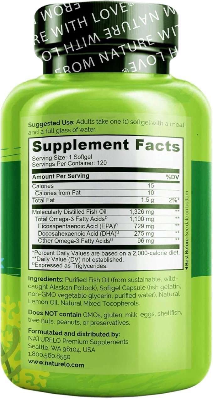 NATURELO Burpless Omega 3 Fish Oil Supplement 1100mg Triglyceride Omega-3, EPA 3 for 120 Softgels, 4 Months