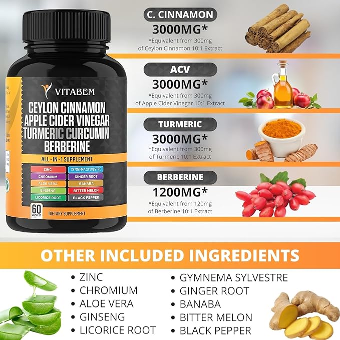Ceylon Cinnamon Capsules 3000mg Turmeric 3000mg Apple Cider Vinegar 3000mg Ginseng 2000mg Aloe Vera 2000mg Berberine Supplement 1200mg + Banaba | Bitter Melon | Gymnema | Ginger Root - 60 Count