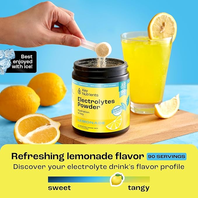 KEY NUTRIENTS Multivitamin Electrolytes Powder No Sugar - Refreshing Lemonade Electrolyte Powder - Sodium & Energy Supplement - Hydration Powder - No Calories - 90 Servings - Made in USA