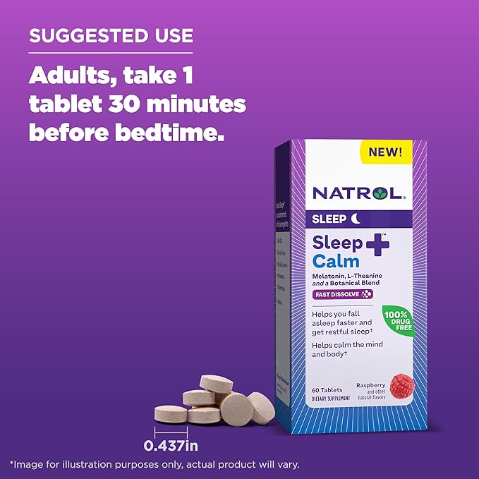 Natrol Sleep + Calm Melatonin 6mg 50mg and 60 Raspberry-Flavored 60 Day