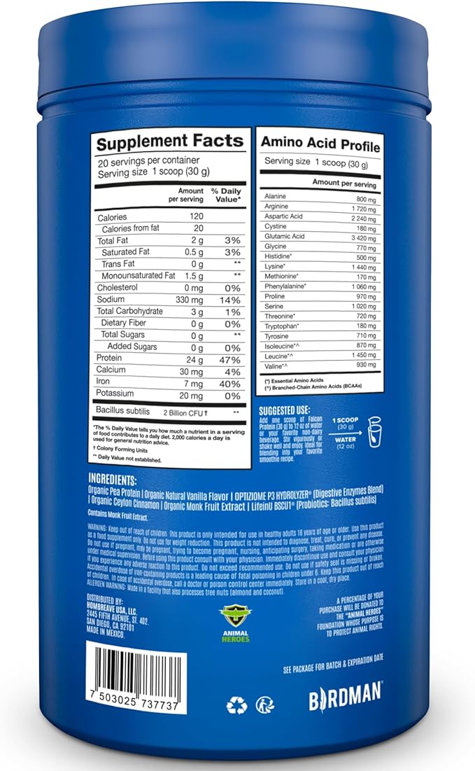 BIRDMAN Falcon Organic Vegan Protein Powder 24g Protein, 20 Servings