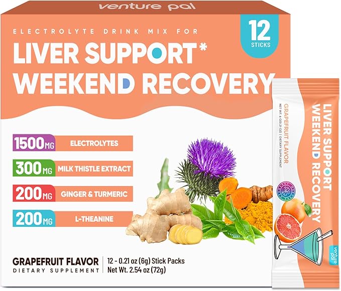 Venture Pal Liver Cleanse Detox & Repair, Liver Support with Milk Thistle + Ginger & Turmeric + L-Theanine + 5 Vitamins & 7 Electrolytes, Rapid Rehydration & Weekend Recovery Powder Packets, 12 Sticks