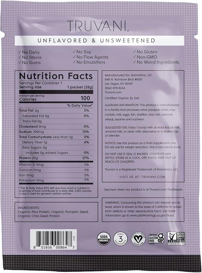 Truvani Vegan Pea Protein Powder 20g Organic 1 Serving