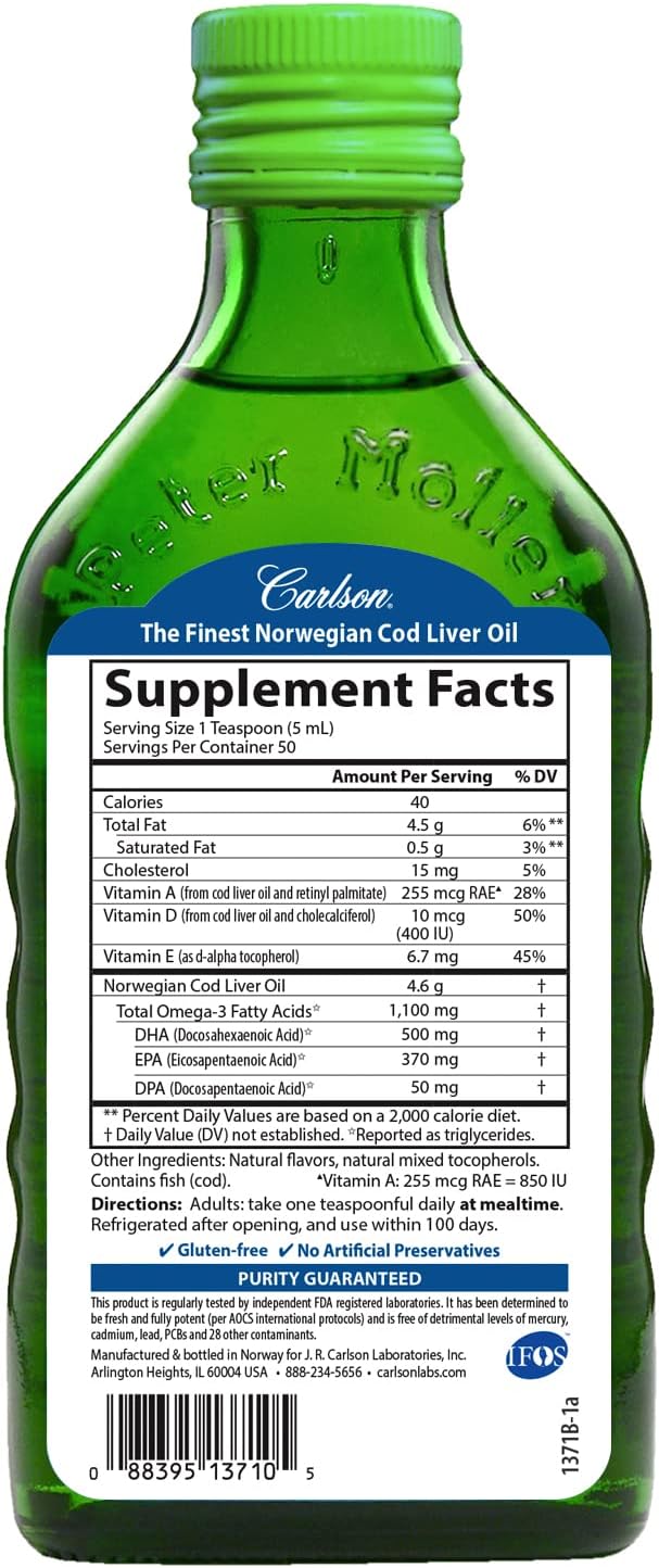 Carlson - Cod Liver Oil, 1100 Omega-3s, Plus D3, Wild 250 mL (8.4 Fl