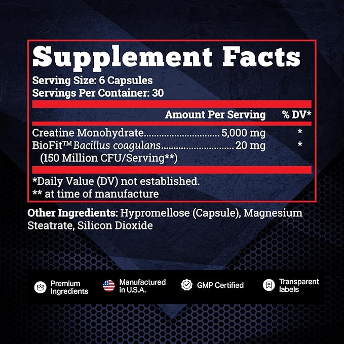 Creatine Monohydrate Capsules - 5000mg + BioFit™ (Max Strength) Supports Muscle Growth & Recovery, Performance, Cognitive Health - Creatine Pills for Men & Women - Made in USA + 180 V Capsules