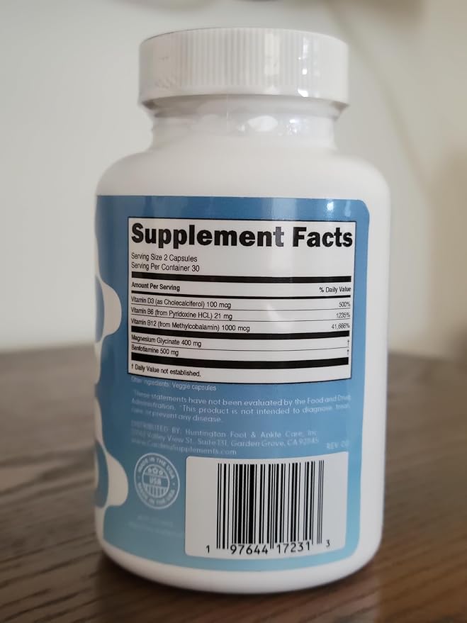 Magnesium Glycinate Supplement with Benfotiamine B6 B12 B12 & D3-60 Capsules