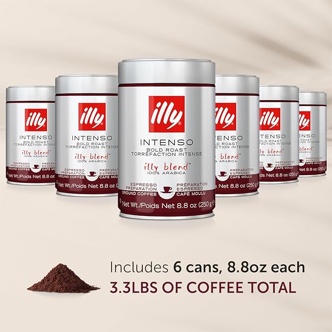 illy Intenso Ground Espresso Coffee, Bold Roast, Intense, Robust And Full Flavored With Notes Of Deep Cocoa, 100% Arabica Coffee, No Preservatives, 8.8 Ounce Can (Pack of 6)