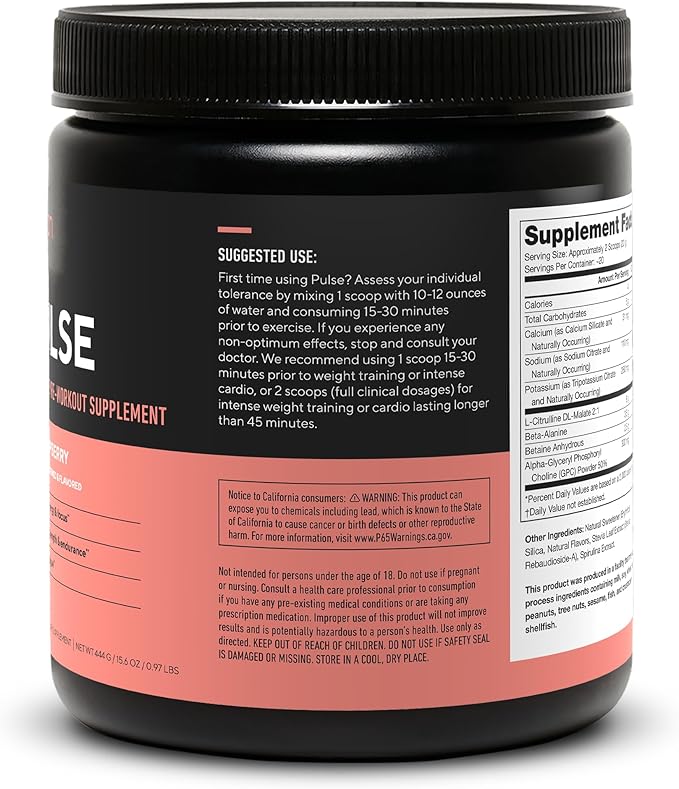 LEGION Pulse Pre Workout Supplement - All Natural Nitric Oxide Preworkout Drink to Boost Energy, Creatine Free, Naturally Sweetened, Beta Alanine, Citrulline, Alpha GPC (Caffeine Free Blue Razz)