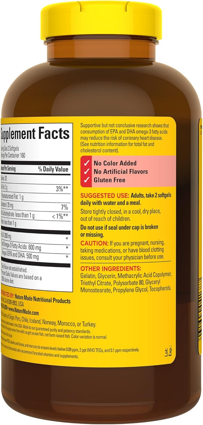 Nature Made Burp Less Fish Oil 1000 mg 3 Fish 3 Supplement 320 Softgels, 160 Day