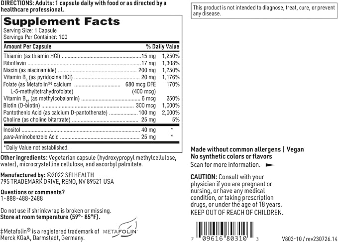 Klaire Labs B Complex Plus B12 Methylcobalamin, B6 & (100 Capsules)