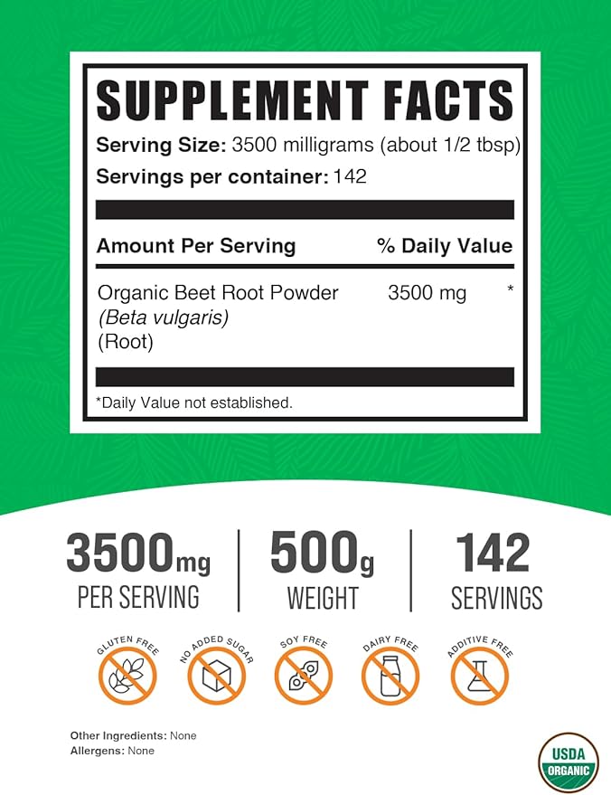BulkSupplements.com Organic Beet Root Powder - Beet Powder Organic, Beetroot Supplement - Superfood Supplement, Vegan & Gluten Free - 3500mg per Serving, 500g (1.1 lbs) (Pack of 1)