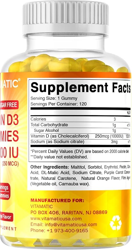 Vitamatic Sugar Free Vitamin D3 10000 IU 120 Pectin 120 Servings