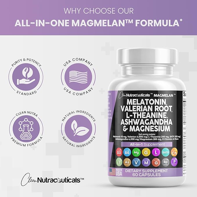 Clean Nutraceuticals Melatonin 10mg Valerian Root 6000mg L 200mg Ashwagandha 4000mg - 60 Caps