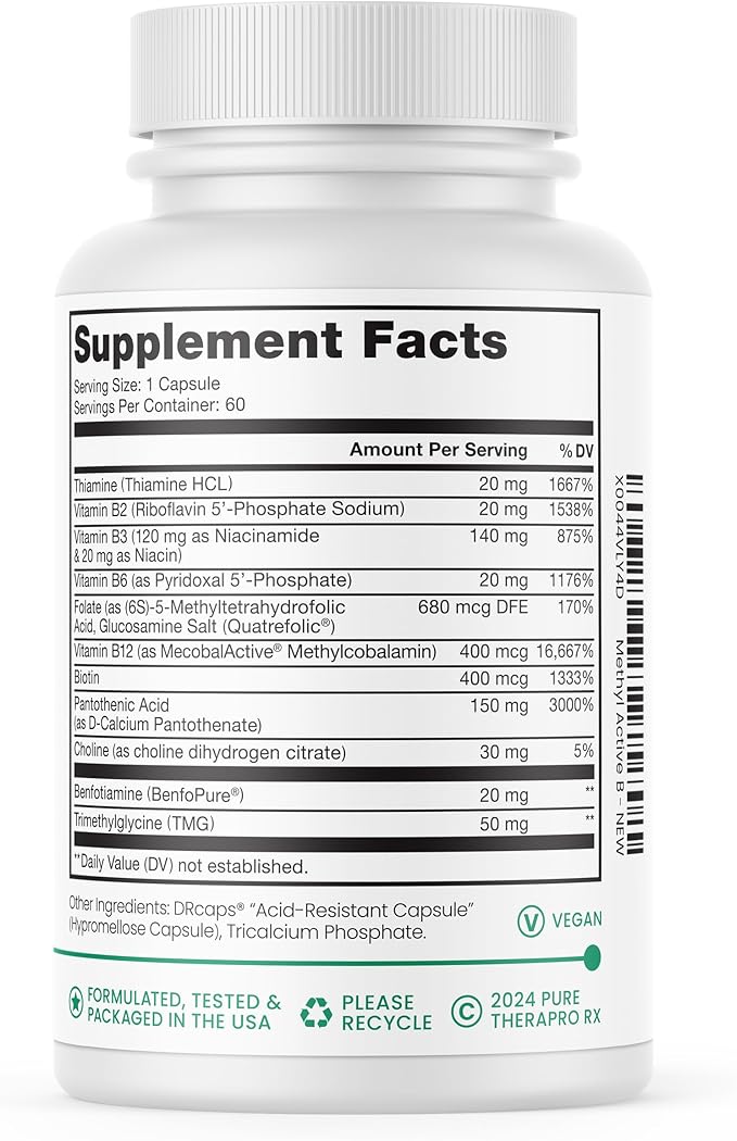 Pure Thera Methyl Active B Vitamins B12, Methylfolate, 60 Vegetable