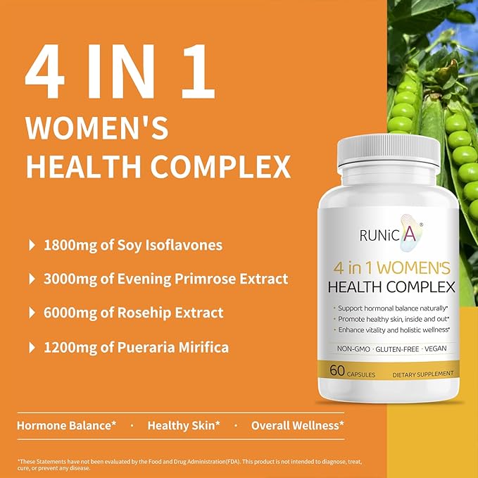 Women's 4-in-1 Natural Hormonal Balance & Skin Health Supplement - Rose Hip, Soy Isoflavones, Evening Primrose & Pueraria Mirifica Extract - 60 Gluten-Free Vegan Capsules - 2 Pack