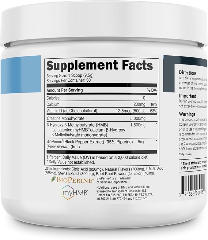 Transparent Labs Creatine HMB - Creatine Monohydrate Powder with HMB for Muscle Growth, Increased Strength, Enhanced Energy Output, and Improved Athletic Performance - 30 Servings, Strawberry Lemonade